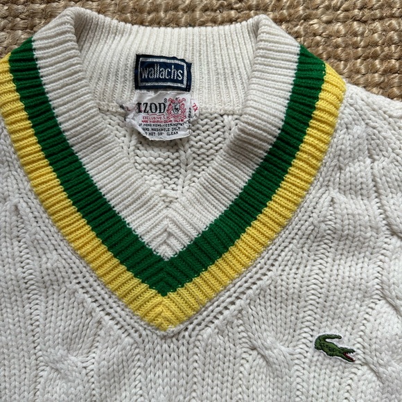 Vintage IZOD Wallachs Lacoste Cable Knit V-Neck Preppy Tennis Sweater Size XL - Picture 2 of 5